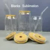 US Stock SubliMation Glass Tumblers Beer Mugs With Bamboo Lid Straw Diy Blanks Frosted Clear Can Shaped Cups Heat Transfer 12oz Cocktail Iced Coffee Soda Glasses