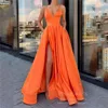 Casual Dresses Boutique Occasion Dresses V-neck Satin Evening Gown With Thin Shoulder Straps Side Slit Prom Dress High Waist Party