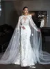 2021 Modest Mermaid Wedding Dresses 3D Floral Applique Handmade Flowers Mermaid with Cape Jewel Neck Chapel Wedding Gown Vestido de novia