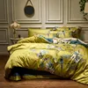 Soyeux Coton Égyptien Jaune Chinoiserie Style Oiseaux Fleurs Housse de Couette Drap Housse Ensemble King Size Reine Ensemble de Literie C0223