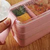 Green/Pink/Beige Lunch Box Wheat Tableware Eco-friendly Plastic Microwavable Dinnerware Set Bento Box Food Container For Kids 201016