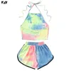 KLV Sexy Summer Two Piece Set Tie-Dye Gradient Colored Printed Halter Backless Crop Top Wide Leg Shorts Pants Suit Beachwear T200702