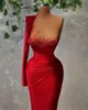 Sexy Elegant Plus Size Red Mermaid Prom Dresses One Shoulder Long Sleeve for Women Pleats Floor Length Evening Pageant Gowns Custom Made