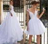 Mała biała sukienka 2021 Suknie ślubne z długim rękawem z odłączanym pociągiem 2 w 1 plażę Lace-up Back Bride Suknie Vestido de Noiva