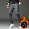 Winter Men's Warm Casual Pants Business Fashion Slim Fit Stretch Thicken Trousers Male Brand Khaki Navy Gray Pants 201128