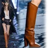 New Black Brown Leather Knee-High Boots For Women Pointed Toe Chunky High Heels Winter Boots Women Fashion Botines Mujer 2020