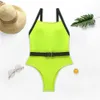 Neon Yellow Belt Buckle 1pc Swimsuit Swimwear Women Sexy Bikini 2020 Summer Monokini High Cut Bathing Suit Women Bathers T200708