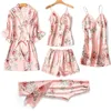 Ny 2020 Pyjamas Set Sexy Stain Woods Silk Dressing Gown Pyjamas Sommar Robe Sleepwear 5 Piece
