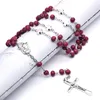 Katolska smycken röda trä heliga familjen korsar rosenkrans halsband för kvinnor män religiösa bön smycken
