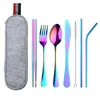 8pcs Sets Knife Fork Scoop Straight Curved Straw Chopsticks Brush Stainless Steel Portable Bag Tableware Suits Travel Utensil New 18 8wl K2