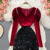 Herfst winter vrouwen pailletten fluwelen patchwork party bodycon jurk vrouwelijk zwart/rode v-hals lange mouw hoge taille vestidos new 2022