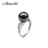 AINUOSHI Luxury 11-11.5mm Natural Tahiti Black Pearl Round Pearl Rings 925 Sterling Silver Women Anniversary Engagement Rings Y200107