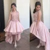 2021 neue erröten rosa Spitze Kristall Perlen Mädchen Pageant Kleider für Hochzeiten High Low Junior Mädchen formale Kleid Kinder Prom Kommunion Kleider