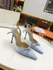 Designers Luxury Dress Shoe Evening Slingback Satin Bow Pumps 6.5cm Crystal-Embellishments Rhinestone Shoes Spool Heels Sandals Women Slipper