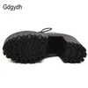 GDGYDH Devisioners New Spring Autumn Women Shoes Black High Heels Boots Lacing Platform Boots Onkle Boots chunky Heel Leather 201106