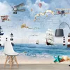 Personalizado Papel de Parede 3D 3d Desenhos animados Avião Veleiro Marinha Pintura Miúdos Quarto Fundo Da Parede Decoração Moderna Criativo Afresco