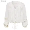 Gipsylady Biała koronkowa koszulka bluzki w stylu vintage 100% bawełniana sprężyna długa latarnia rękaw V Sheer Sexy Women Chic Chic Top 220307