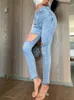 Slim jeans kvinnor mode hög midja tvättade penna byxor täta passande hål är tunna elastiska shorts 201102