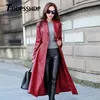 검은 색과 붉은 색 긴 봄 두꺼운 여성 가죽 코트 긴 소매 허리 스트랩 포켓 여성 자켓 201030