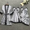 여름 여성 파자마 세트 4 개 PCS 섹시 레이스 잠옷 여성 새틴 실크 잉글 잉글 잉글 잉글 잉글 몽유지 우아한 피하마 가슴 패드 홈웨어