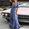 Berrygo Women Dresses Bohemian Dresses Print Summer Dress Kort ärm Ruffled Long Maxi Dress Vneck Drawstring Ladies Vestidos T200320