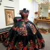 Vintage Black Embroidery Quinceanera Dresses 2021 Mexican Ball Gown Appliques Lace Prom Dress Corset Vestidos De 15 Anos Formal Women Party