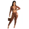 Wholesale Tracksuits Women Two 2 Piece Set Sexy Bandage Crop Top Pants Matching Set Solid Fashion Hollow Out outfits Fall Clothes long sleeve sportswear 6912