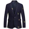 Mens Bee bordado Blazer Slim Fit Casamento Prom Blazers Tweed Lã Para Homens Elegante Terno Jaqueta