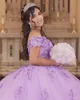 2022 laveder 3d الزهور اللؤلؤ فساتين quinceanera تول قبالة الكتف زين زين الخرز طويل قطار حفلة موسيقية الحلو 16 فستان 15 فتاة