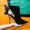 Vente chaude-automne papillon femmes bottes daim noir et cuir bout pointu bottines talons hauts bottillons pied arrière ailes métalliques bottes