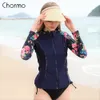 Charmoの女性の長袖ジッパーRashguard Shirt Swimsuit Floralプリント水着サーフィントップラッシュガードUPF50 + UV保護スーツT200708