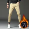 Winter Men's Warm Casual Pants Business Fashion Slim Fit Stretch Thicken Trousers Male Brand Khaki Navy Gray Pants 201128