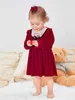 Baby Contrast Lace Ruffle Trim Flounce Sleeve Velvet Dress SHE