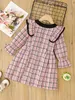 Toddler Girls Plaid Ruffle Trim Bow Front Flounce Sleeve Tweed Smock Dress SHE01