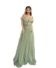 2022 Sage Green Long Aftonklänning A-Line Off Shoulder Bow Slips Bälte Ground Lengt Courtyard Train Prom Klä Ny serie