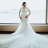 Plus Size Arabic Aso Ebi Lace Beaded Mermaid Wedding Dresses Sheer Neck Long Sleeves Vintage Bridal Gowns267m