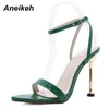 Aneikeh 여성의 샌들 패션 레트로 얇은 발 뒤꿈치 첨가 된 뾰족한 발가락 우아한 파티 좁은 밴드 인쇄 격자 무늬 신발 2020 여름 C0129