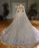 Luxury Crystal Beading Ball Gown Bröllopsklänningar Högkrage Långärmad Sequins Brudklänningar Illusion Baklösa Sweep Train Bröllopsklänning