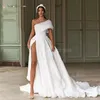 2022 Vintage wysokie podzielone suknie ślubne Big Bow Appliqued A Line Beach One-Bore Bridal Suknia Custom Made Ruched Satin Long Robes de Mariée