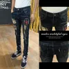 Moda streetwear apretado estiramiento Skinny jeans hombre agujero parche personalidad pies pantalones jóvenes pantalones desgastados 201111