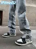 Jeans med tryckta kvinnor 2022 Trend Pants Hip Hop Jean Baggy Y2K Man Men denim ￶verdimensionerad l￥g stigning trendyol broderade m￤ns 0309