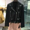 New Autumn Women Pu Leather Jacket Woman Zipper Belt Short Coat Female Black Punk Bomber Faux Leather Outwear310O