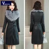 Jaqueta de couro feminina de Vangull para o inverno 2020 Novo Plus Velvet Quente magro Grande Coleira de Couro Longo Casaco de Couro Feminino M-4XL1