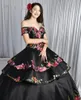 2022 Black Quinceanera Jurken Charro Afneembare Rok Floral Geborduurd Off The Shoulder Sweet 16 Dress Mexican Theme Plus Size Gothic