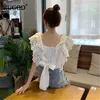 Rugod 2019 Summer Women Solid Brodery Lace Stiching Short Shirt Spaghette Strap Backless Lace Bow Blue Stylish Crop Tops T200321