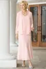 Elegant Light Pink Chiffon Mother Of The Bride Dresses Suits With Jacket Ankle Length Summer Beach Wedding Guest Gowns Long Plus Size Groom Mother's Evening Dresses