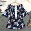 Neploes Flower Print Jumpsuits Kvinnor Chiffon Slash Neck Flare Sleeve Bodysuiter Koreanska Slim Fit High Waist Playsuits 43824 T200704