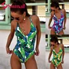 Sexy hohe Taille einteiliger Badeanzug Frauen 2019 neuer Druck offener Rücken Hohlseil Badebekleidung Maillot de Bain Femme Schwimmanzug T200708