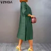 Vonda Midi Vestidos para mulheres Faldas Plissado Alto Pescoço Vestido de Cor Sólida Senhora Lateral Slit 3/4 Manga A-Linha Sólida Vestido Oversized Y220214