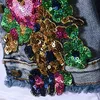 Styl europejski garnitur dżinsowy moda strój kobiety nowy kwiat cekinowa kurtka dżinsowa krótka kurtka dżinsy spodnie dwuczęściowy zestaw kobiet LJ201117